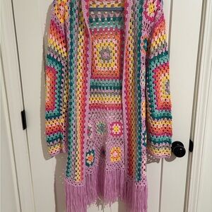 Dreamers by Debut granny Crochet Open-Front Fringe Cardigan Sweater - Multicolor